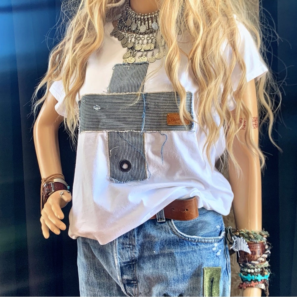 Leather Wrangler Logo with Ticking Cross T-Shirt